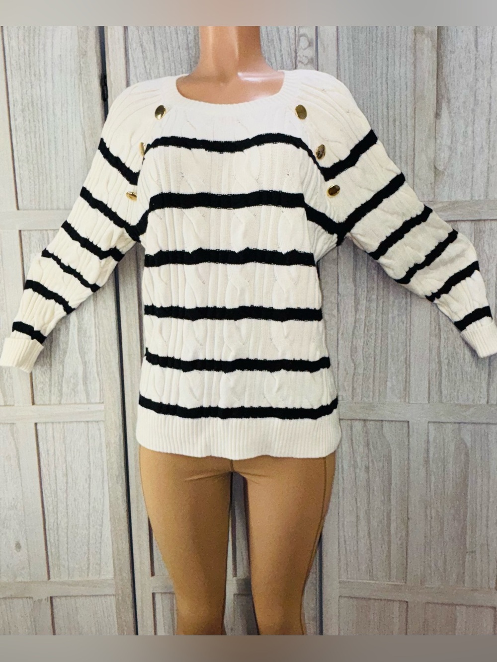 CABLE KNIT CREWNECK SWEATER - BRETON STRIPE - Picture 2 of 13